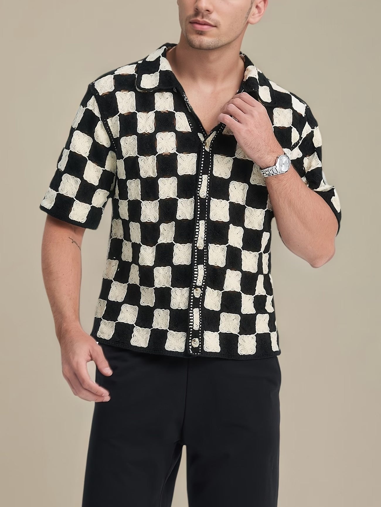 Men’s Button-Front Shirt with Checkerboard Pattern