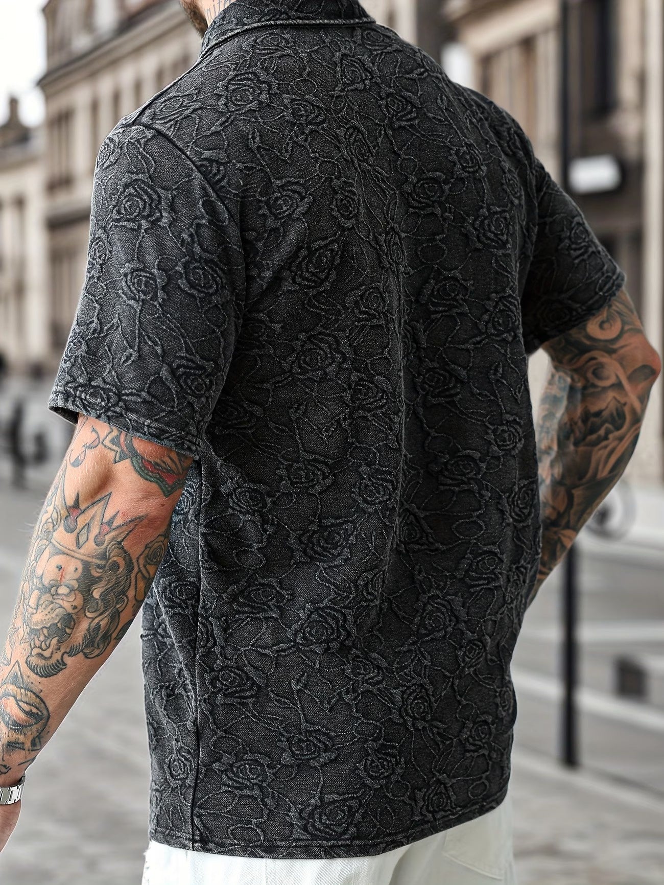 Men’s Short-Sleeve Polo Shirt with Rose Pattern