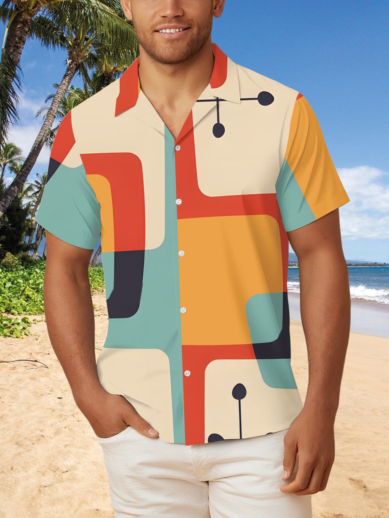 Men's Geometric Print Cuban Collar Shirt