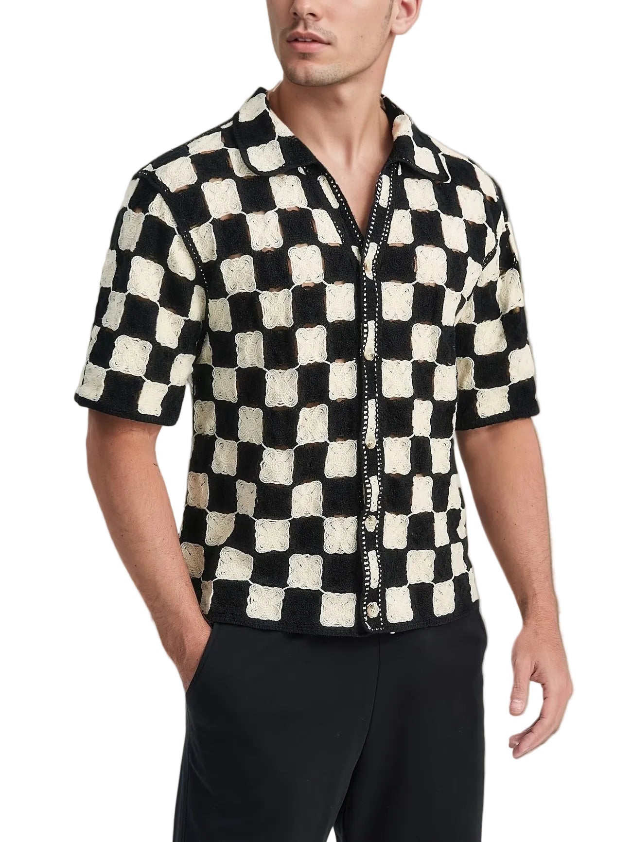 Men’s Button-Front Shirt with Checkerboard Pattern
