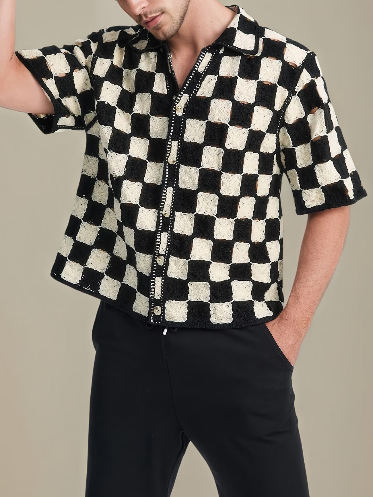 Men’s Button-Front Shirt with Checkerboard Pattern