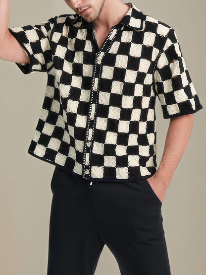 Men’s Button-Front Shirt with Checkerboard Pattern