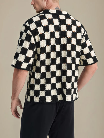 Men’s Button-Front Shirt with Checkerboard Pattern
