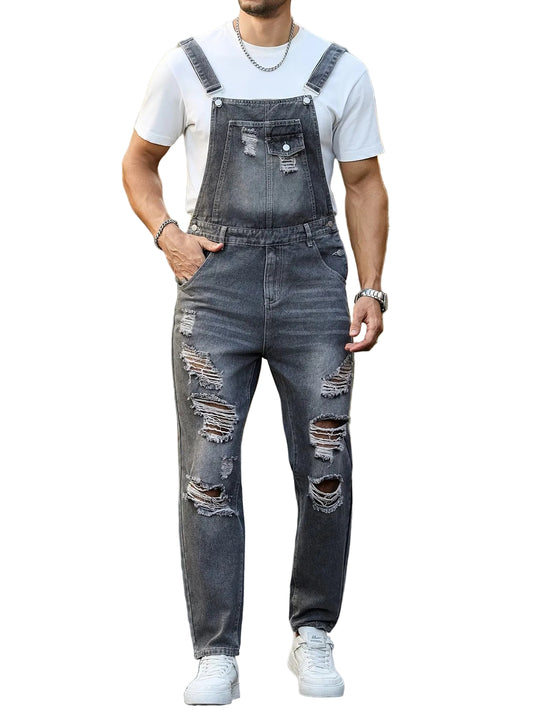Men’s Faded Overalls with Ripped Patches