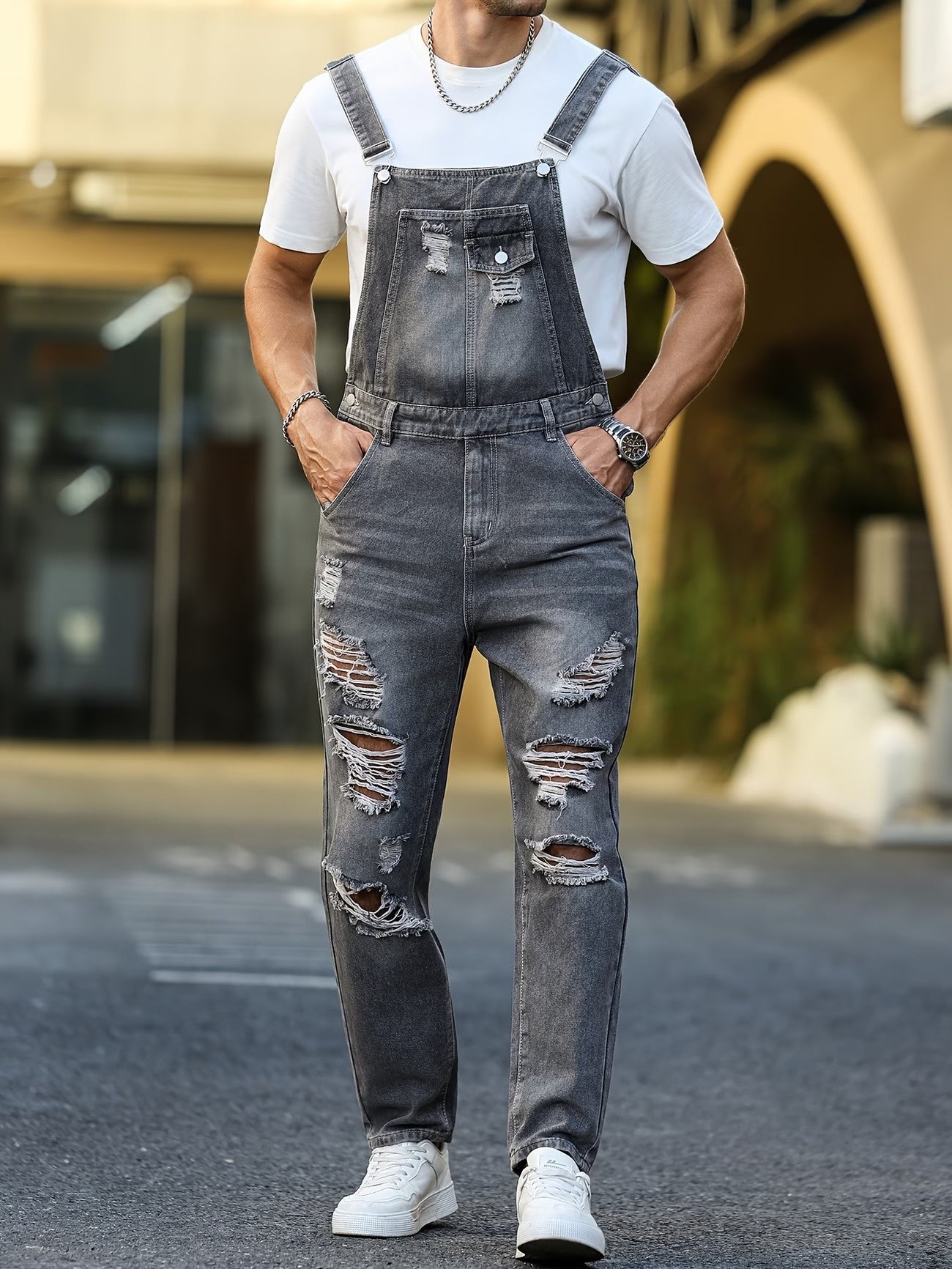 Men’s Faded Overalls with Ripped Patches