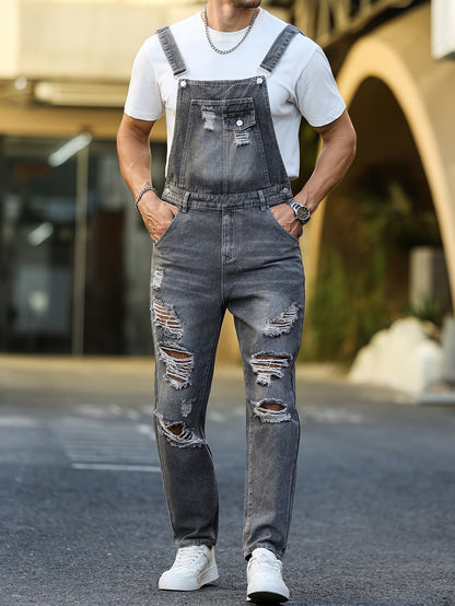 Men’s Faded Overalls with Ripped Patches