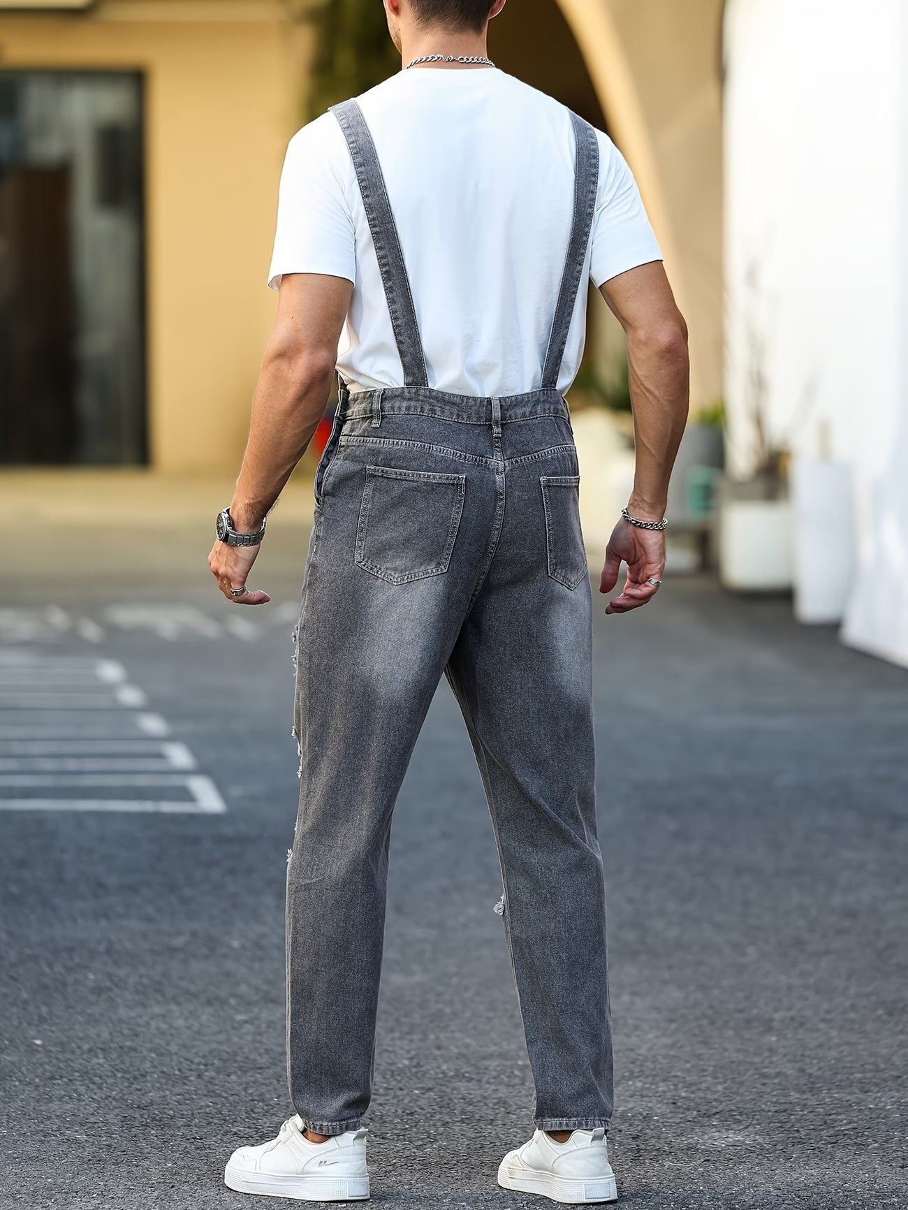 Men’s Faded Overalls with Ripped Patches