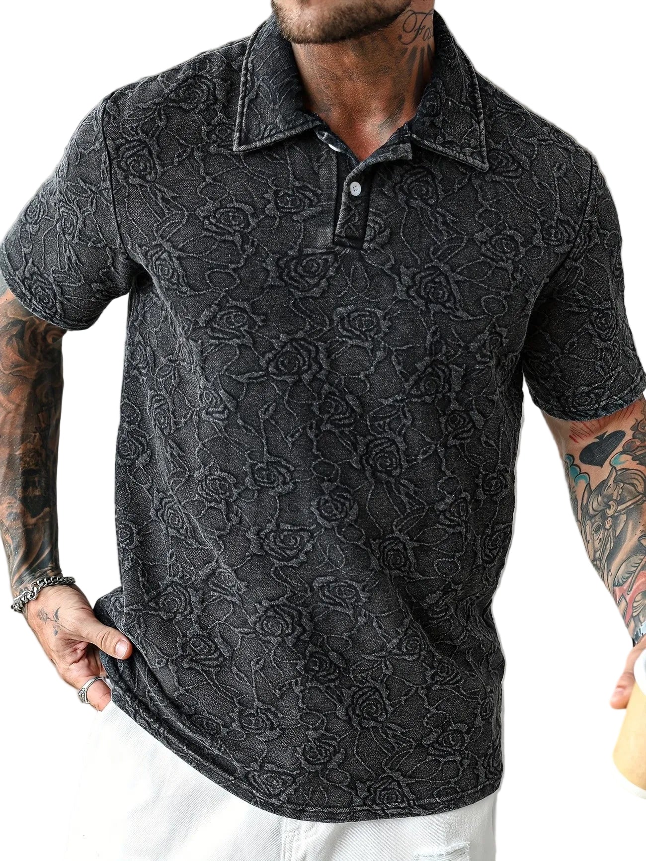 Men’s Short-Sleeve Polo Shirt with Rose Pattern