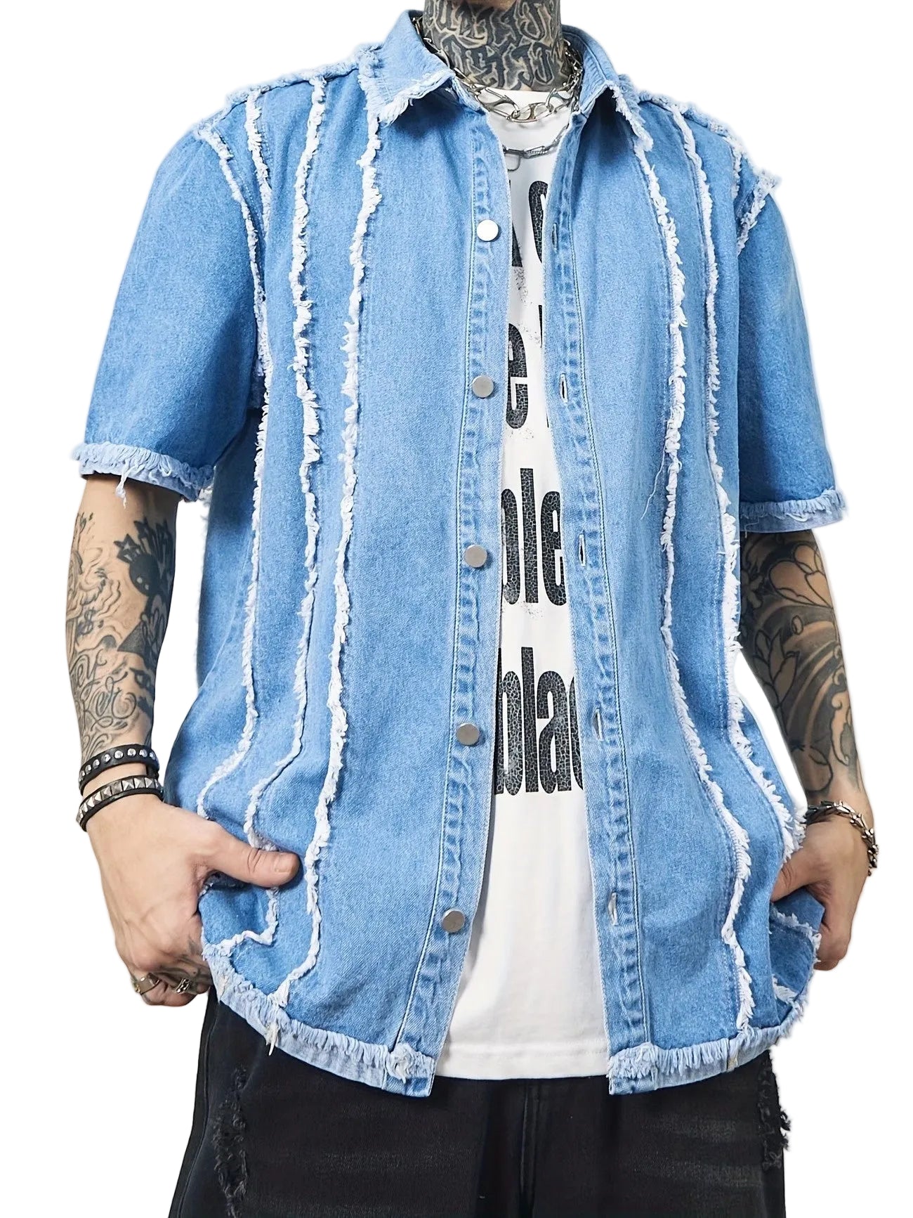 Men’s Short-Sleeve Shirt with Frayed Panels
