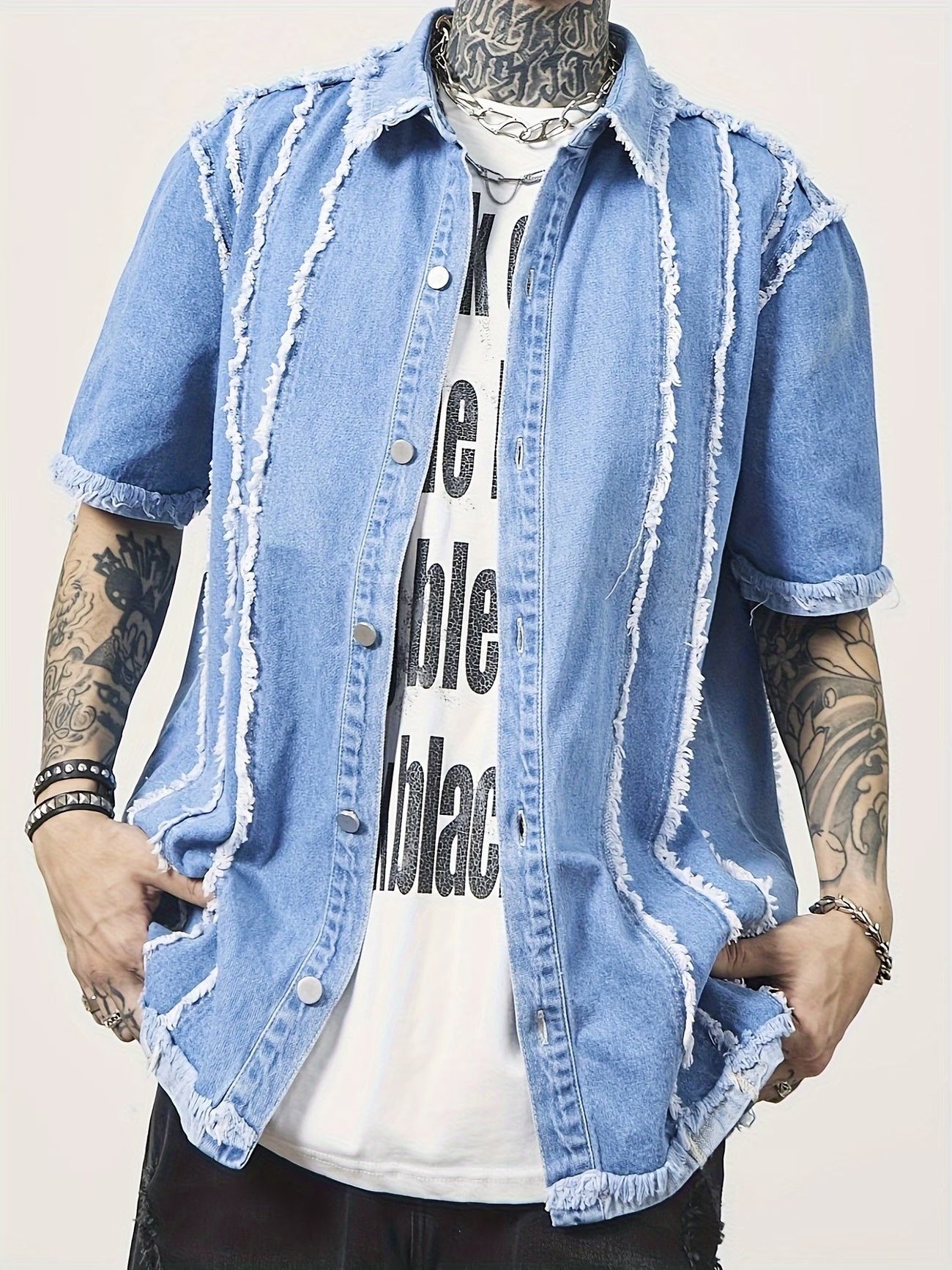Men’s Short-Sleeve Shirt with Frayed Panels