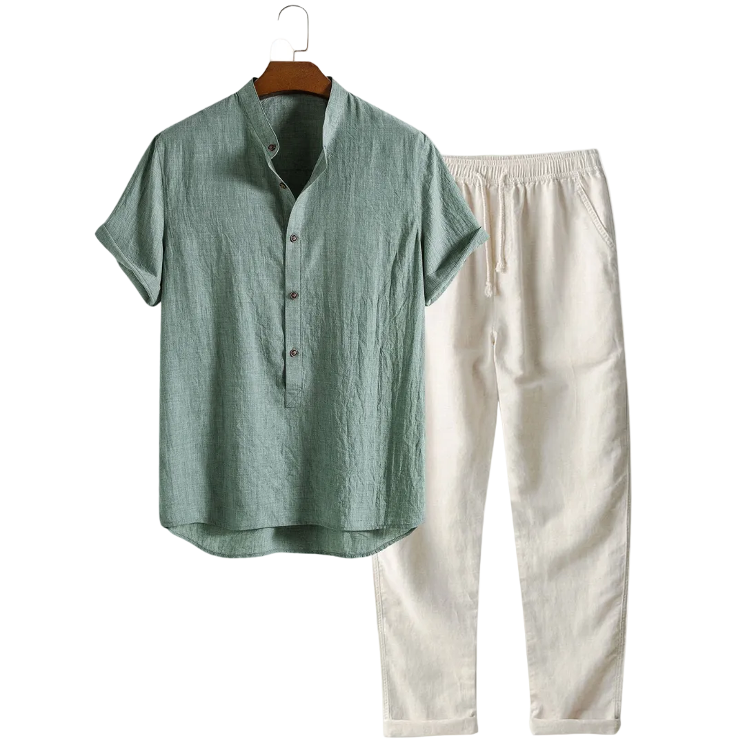 Men's Band Collar Shirt and Trousers Set