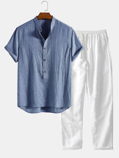Men's Band Collar Shirt and Trousers Set