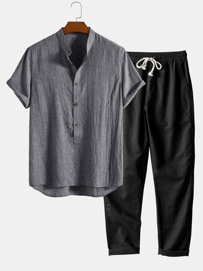 Men's Band Collar Shirt and Trousers Set