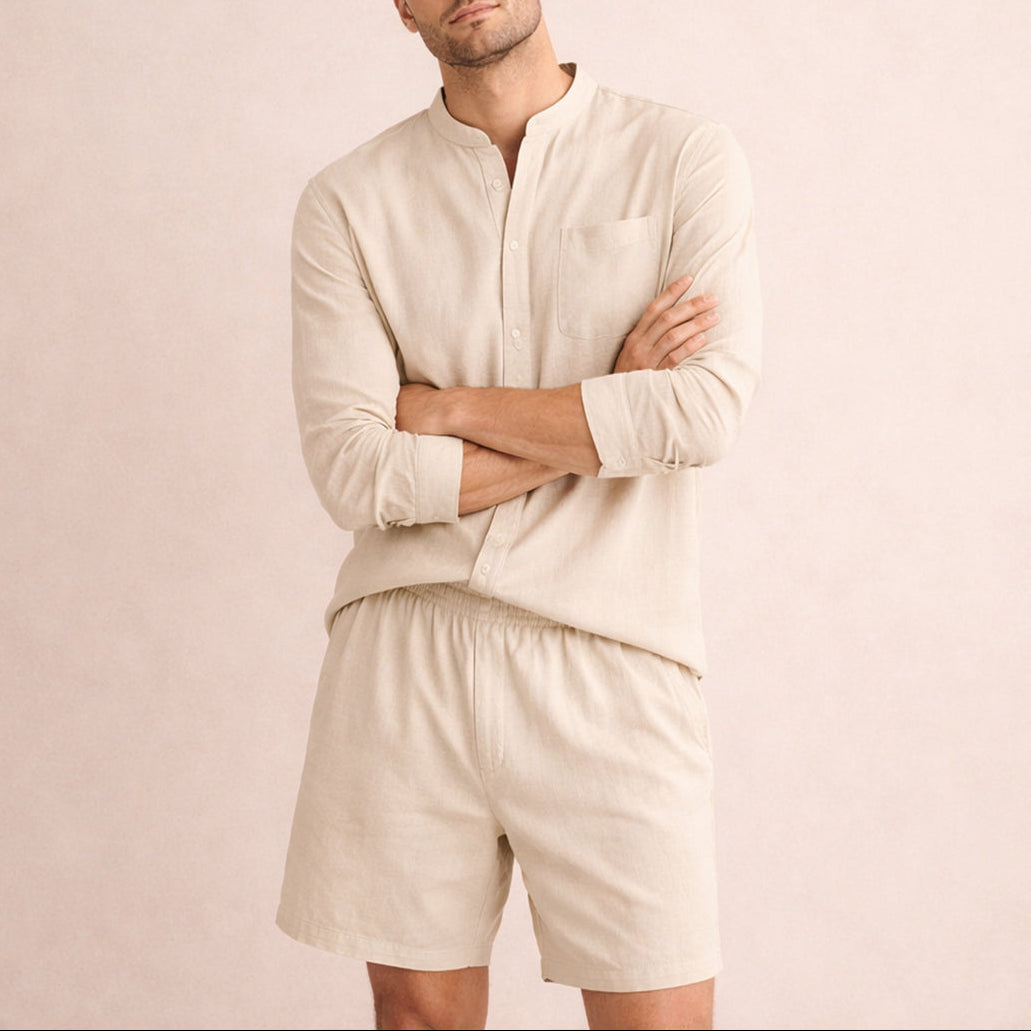 Men's Band Collar Shorts Set