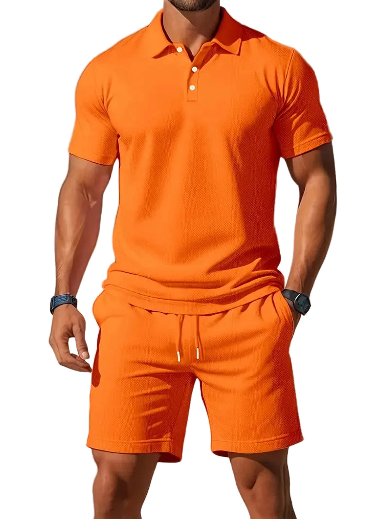 Men's Button Placket Polo and Shorts Set