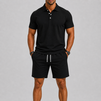 Men's Button Placket Polo and Shorts Set