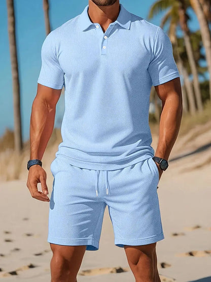 Men's Button Placket Polo and Shorts Set