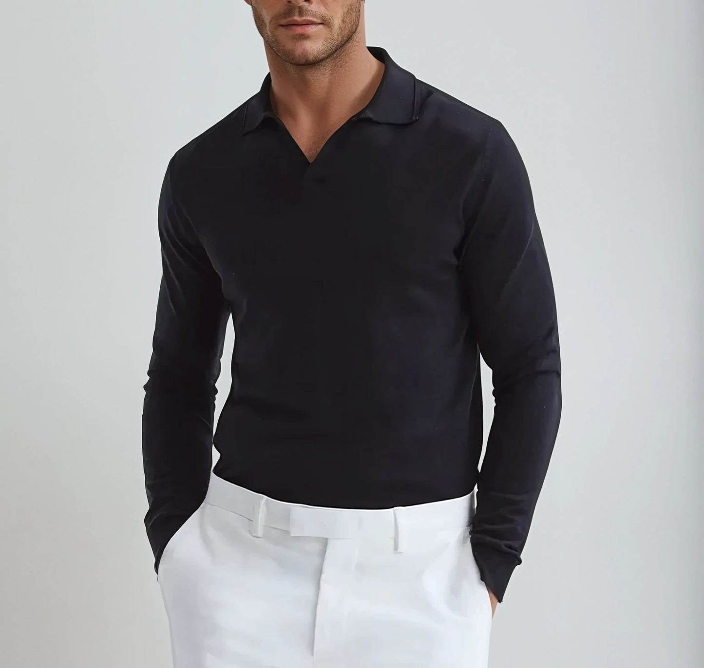 Men's Open Collar Long Sleeve Polo Shirt